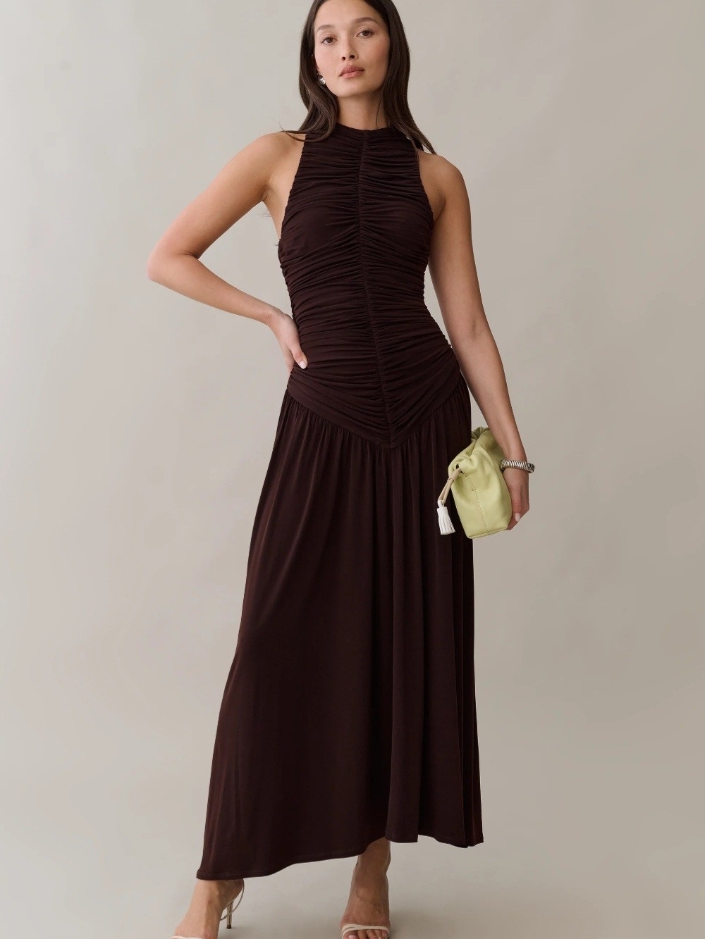 Few Moda Ruched High-Neck Maxi Dress in Chocolate Brown